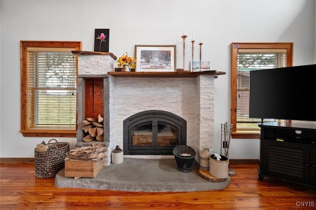 details featuring a fireplace, wood finished floors, and baseboards