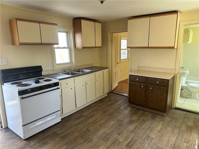 kitchen with white electric range oven, cream cabinetry, dark wood-style floors, and a sink