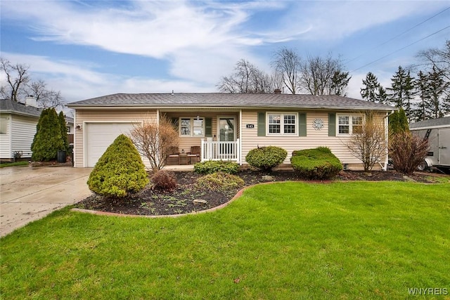 ranch-style house featuring concrete driveway, covered porch, a front yard, and a garage
