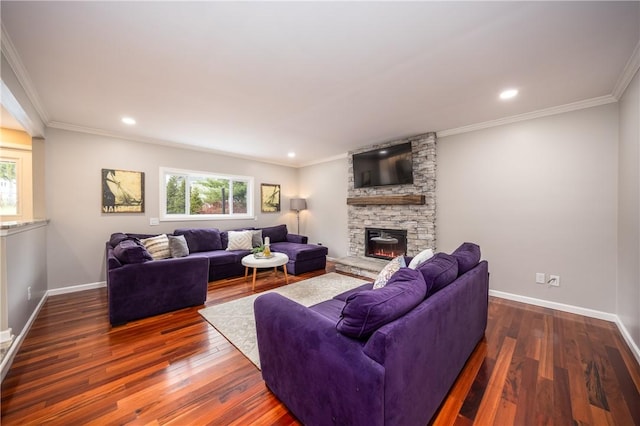 living room with a fireplace, plenty of natural light, baseboards, and dark wood-style flooring