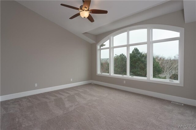 35 Ojibwa Cir, Buffalo, NY 14202 - spare room with baseboards, visible vents, lofted ceiling, a ceiling fan, and carpet floors