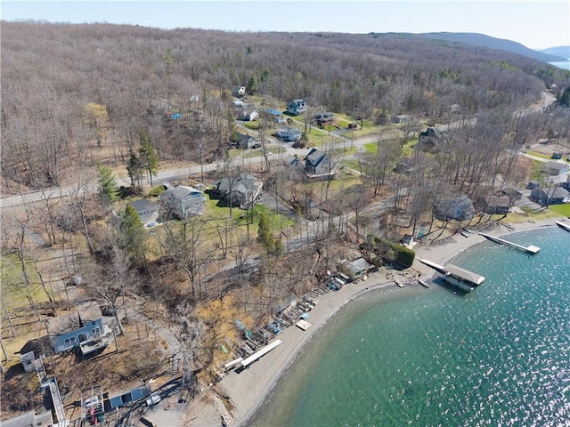 aerial view featuring a wooded view and a water view