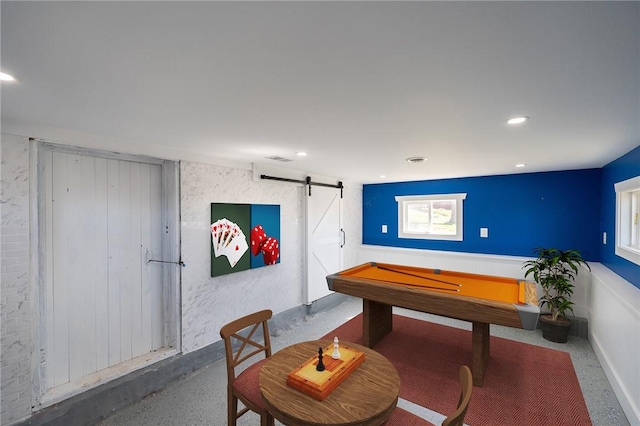 recreation room with a barn door, billiards, visible vents, and recessed lighting