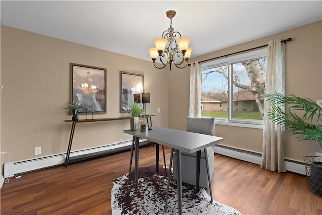 office with a baseboard heating unit, wood finished floors, and a notable chandelier