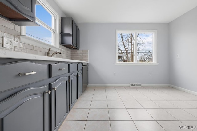 kitchen featuring decorative backsplash, a wealth of natural light, gray cabinetry, and visible vents