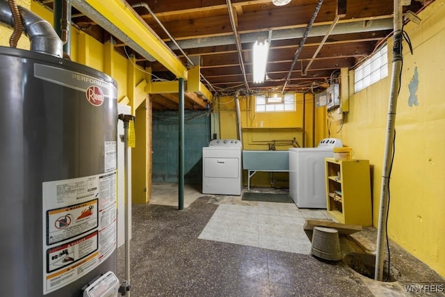 basement with water heater, independent washer and dryer, and a sink