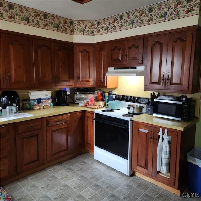 417 Otsego St, German Flatts, NY 13357 - kitchen with range with electric stovetop, light countertops, and under cabinet range hood