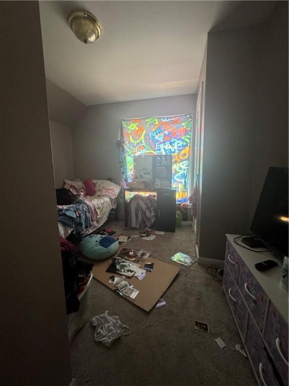 carpeted bedroom with lofted ceiling and access to exterior