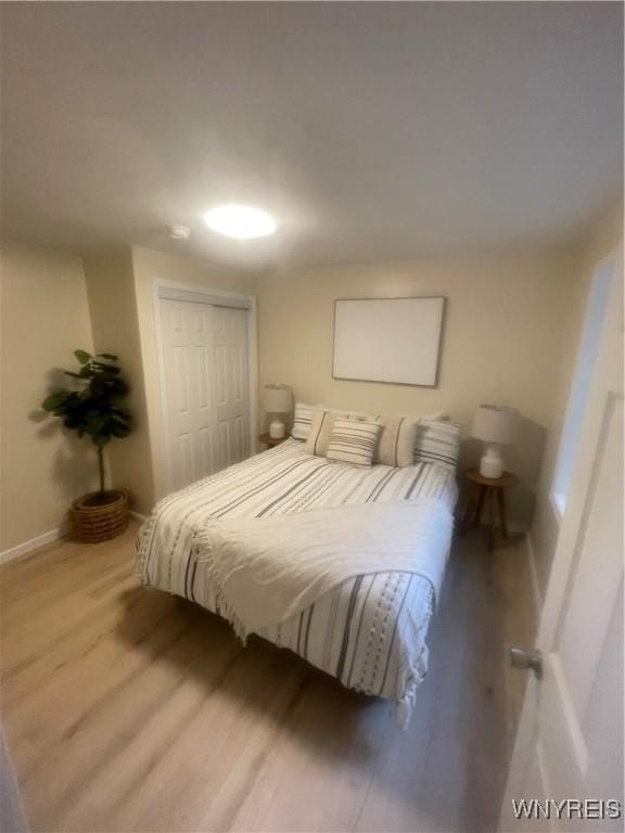 bedroom with baseboards, wood finished floors, and a closet