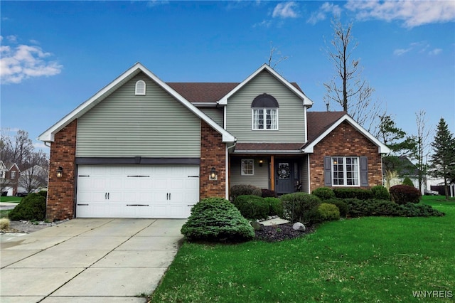 traditional-style house with concrete driveway, brick siding, and a front yard