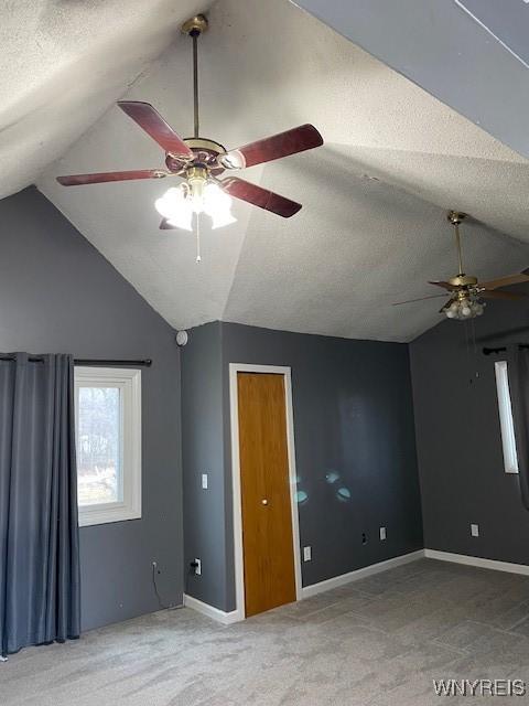 13289 Lakeview Dr, Carlton, NY 14571 - interior space with lofted ceiling, a textured ceiling, a ceiling fan, and carpet floors