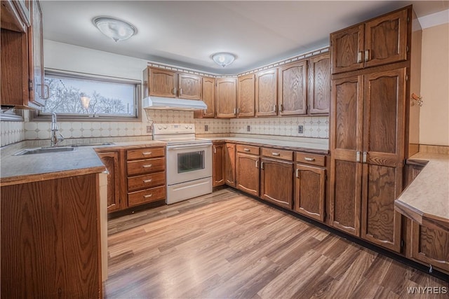 kitchen featuring light wood finished floors, a sink, backsplash, under cabinet range hood, and white range with electric cooktop