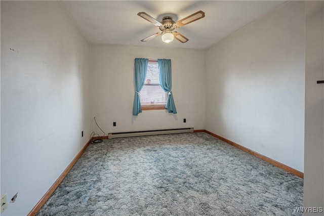 carpeted empty room featuring a baseboard radiator, baseboards, and ceiling fan
