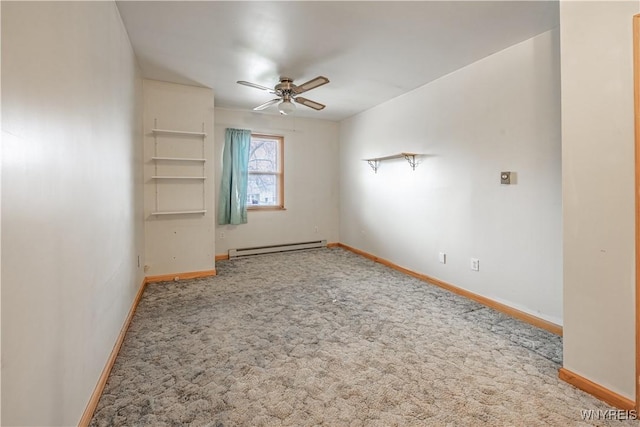 spare room featuring a baseboard radiator, carpet floors, ceiling fan, and baseboards
