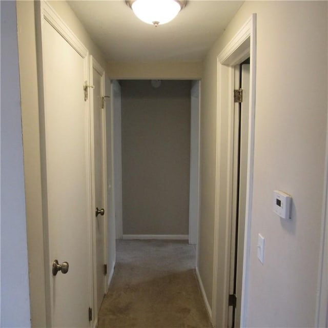 hall with baseboards and light carpet