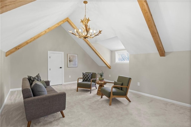 carpeted living area featuring baseboards, lofted ceiling with beams, and a notable chandelier