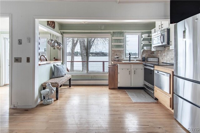 kitchen featuring a sink, light wood-style floors, baseboard heating, and stainless steel appliances
