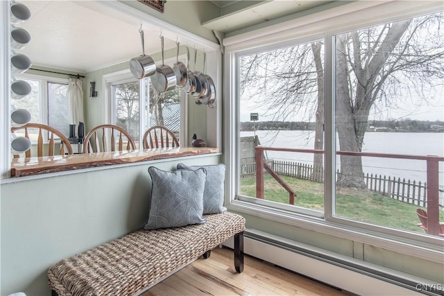 sunroom / solarium featuring a water view, a baseboard radiator, and wood finished floors