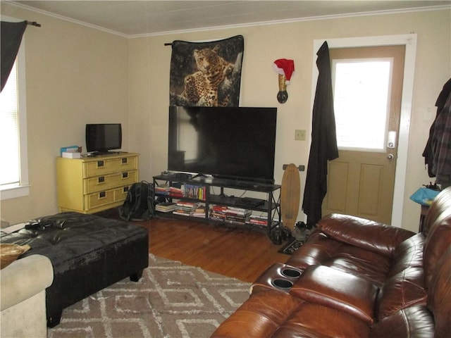 living room with crown molding, wood finished floors, and a healthy amount of sunlight