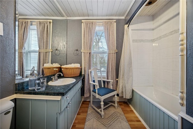 bathroom featuring shower / bath combo, wooden ceiling, vanity, and crown molding
