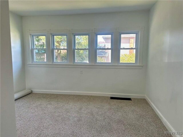 carpeted empty room with visible vents, baseboards, and a healthy amount of sunlight