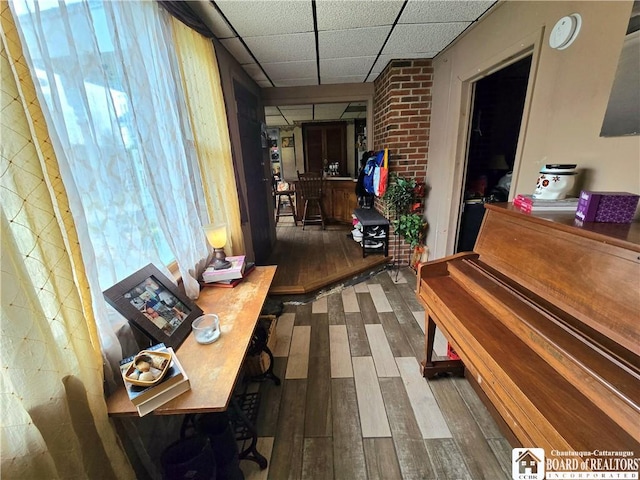 hall featuring wood finished floors, a wealth of natural light, and a drop ceiling