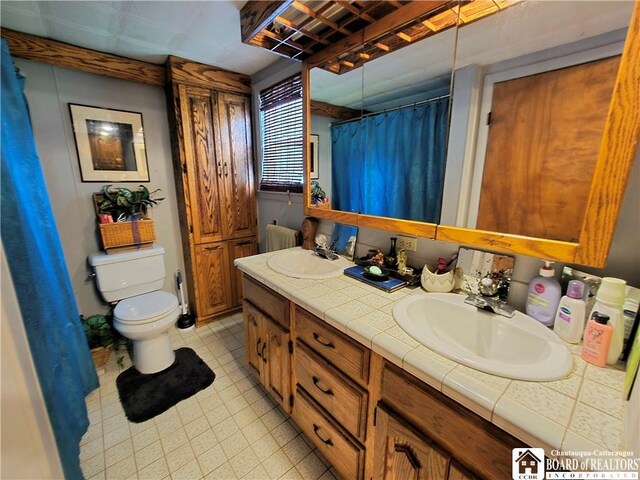 full bathroom with toilet, a shower with shower curtain, a sink, and double vanity
