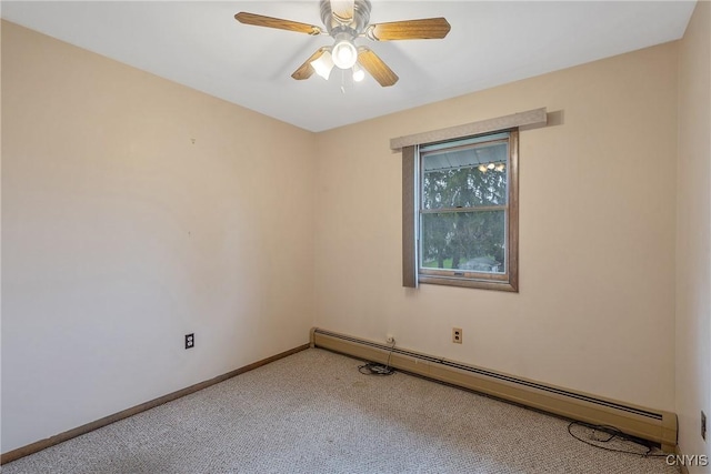 empty room with baseboards, a baseboard radiator, carpet, and ceiling fan