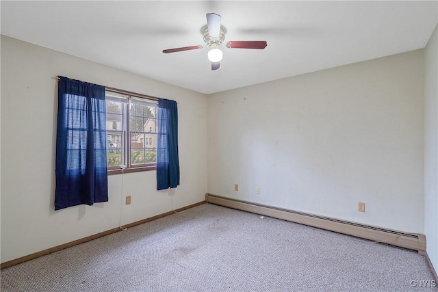 unfurnished room with baseboards, carpet flooring, ceiling fan, and baseboard heating