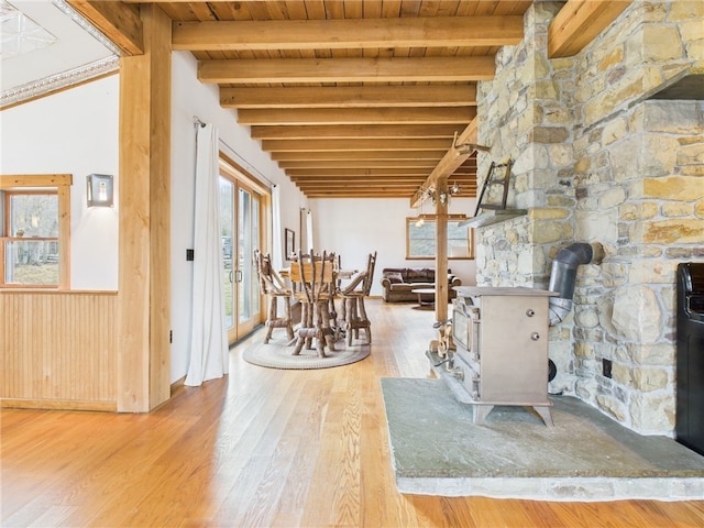651 Dennis Hill Rd, Harrison, PA 16948 - interior space featuring a wood stove, wood ceiling, wood finished floors, and beam ceiling