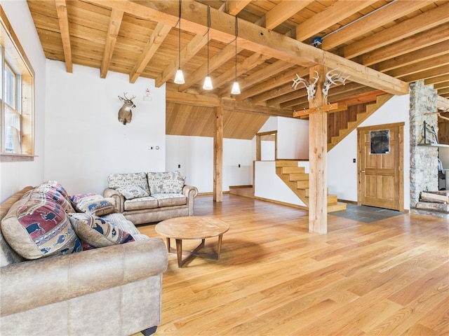 651 Dennis Hill Rd, Harrison, PA 16948 - living area featuring stairway, wood ceiling, and wood finished floors