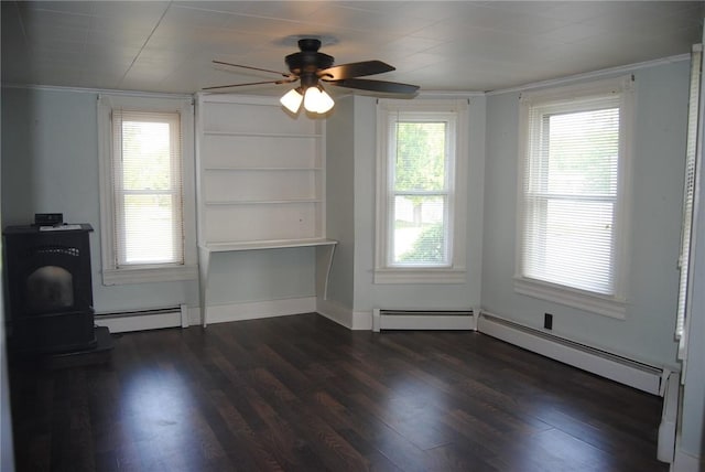 230 Birch St, Kane-Borough, PA 16735 - unfurnished living room featuring a baseboard radiator, a ceiling fan, crown molding, and dark wood-style flooring