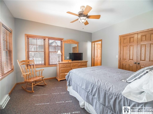 bedroom with carpet, visible vents, baseboards, and ceiling fan