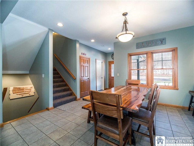 dining area with recessed lighting, stairway, baseboards, and light tile patterned floors