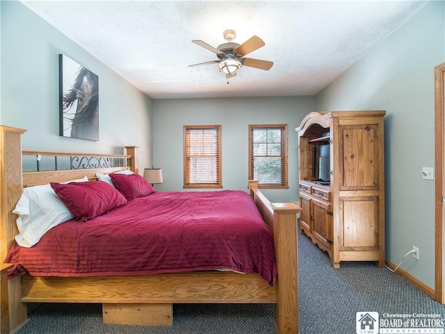bedroom featuring carpet, baseboards, and ceiling fan
