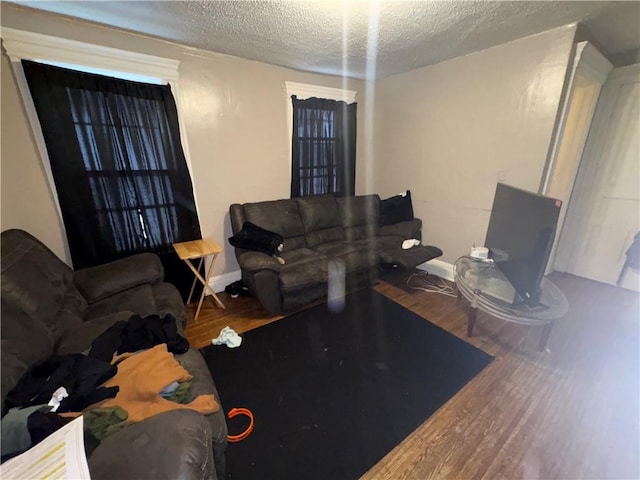 living room with wood finished floors, a textured ceiling, and baseboards
