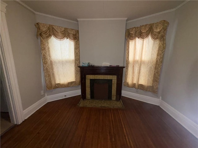 unfurnished living room featuring a fireplace, wood finished floors, a wealth of natural light, and baseboards