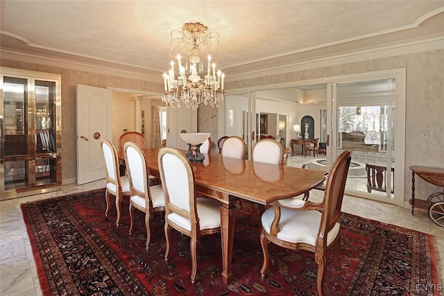 dining area featuring ornamental molding, a notable chandelier, and marble finish floor