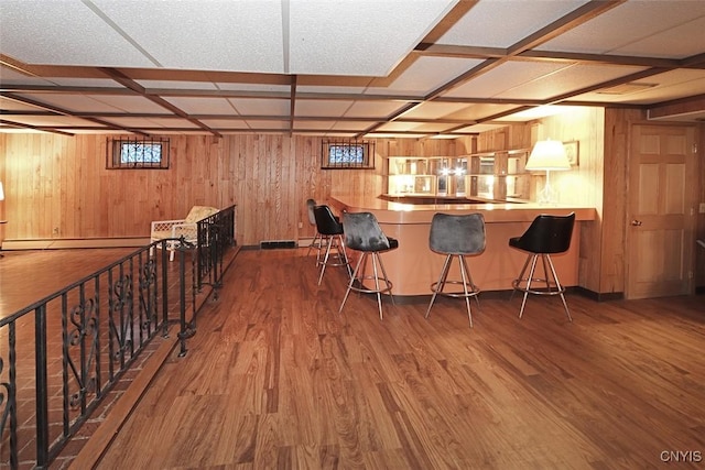 bar featuring bar, a baseboard radiator, wood walls, and wood finished floors