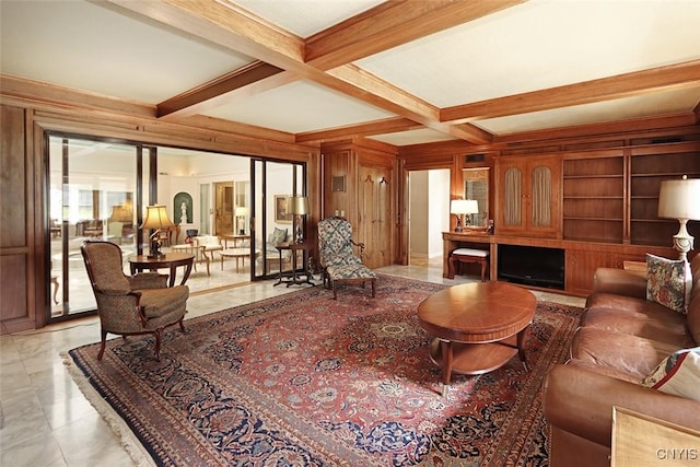 living area with beamed ceiling and coffered ceiling