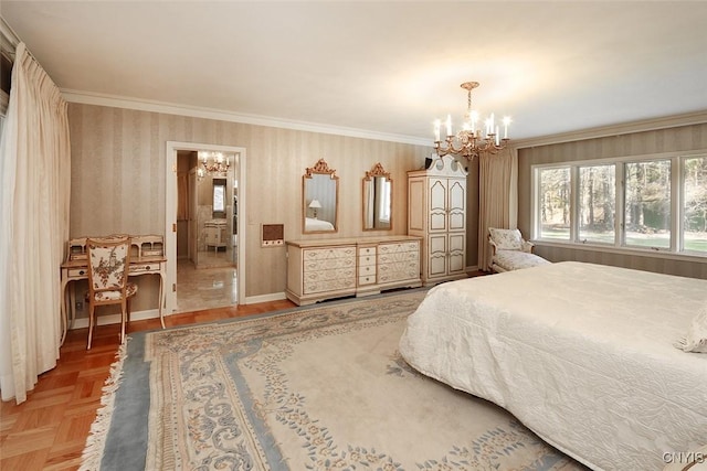 bedroom with ornamental molding, baseboards, a notable chandelier, and wallpapered walls