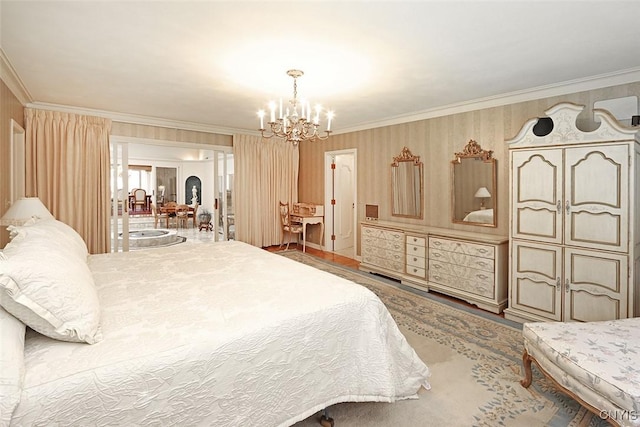 bedroom with arched walkways, a notable chandelier, and crown molding