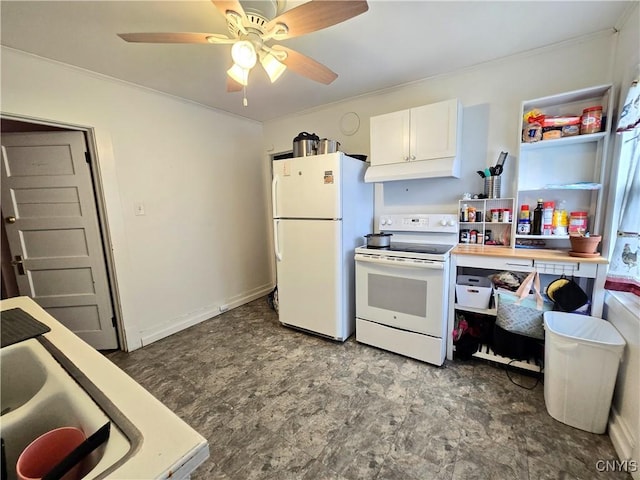 kitchen featuring under cabinet range hood, crown molding, ceiling fan, and white appliances