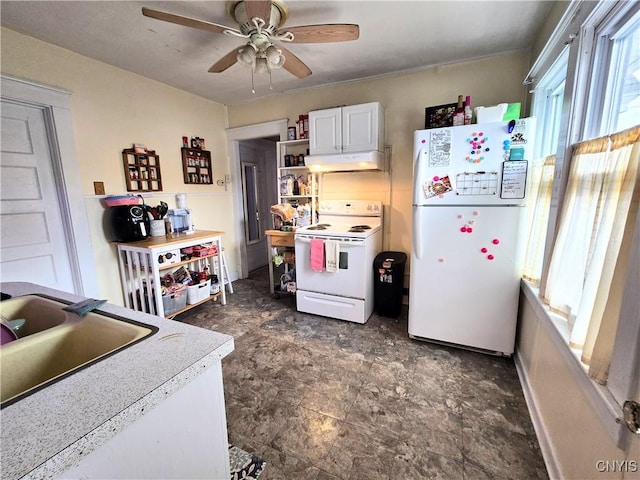 kitchen with open shelves, a sink, white appliances, ceiling fan, and under cabinet range hood