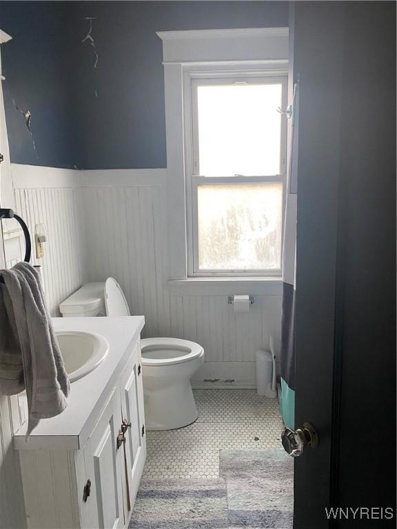 435 Tacoma Ave, Buffalo, NY 14216 - bathroom with wainscoting, toilet, a healthy amount of sunlight, and vanity