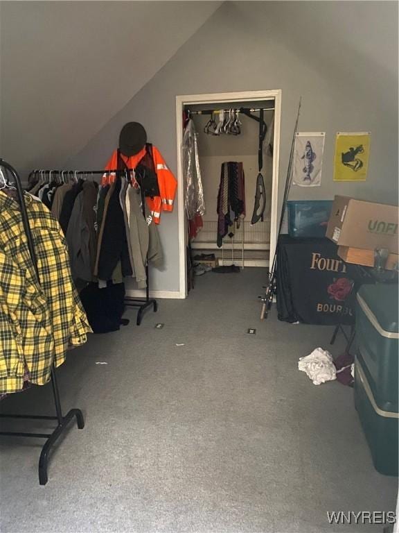 435 Tacoma Ave, Buffalo, NY 14216 - bedroom with baseboards, lofted ceiling, and carpet