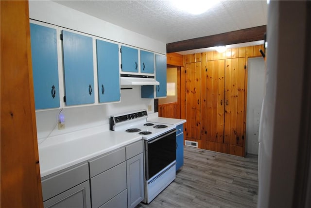 9221 Health St, North Dansville, NY 14437 - kitchen featuring visible vents, wood finished floors, light countertops, under cabinet range hood, and white electric stove
