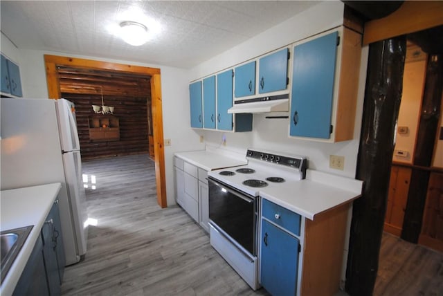 9221 Health St, North Dansville, NY 14437 - kitchen featuring light wood-type flooring, under cabinet range hood, white appliances, and blue cabinetry