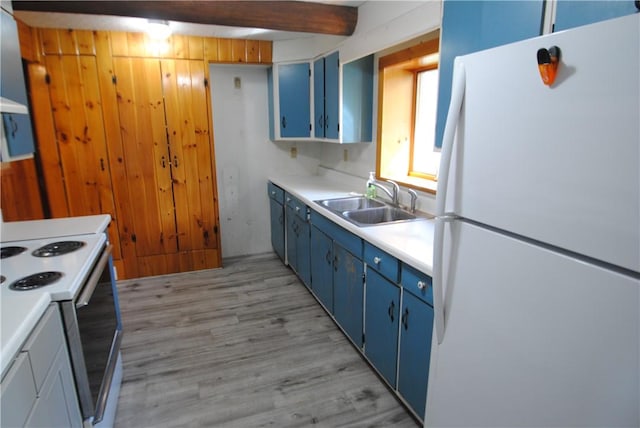 9221 Health St, North Dansville, NY 14437 - kitchen with blue cabinets, electric range, a sink, freestanding refrigerator, and light wood-style flooring