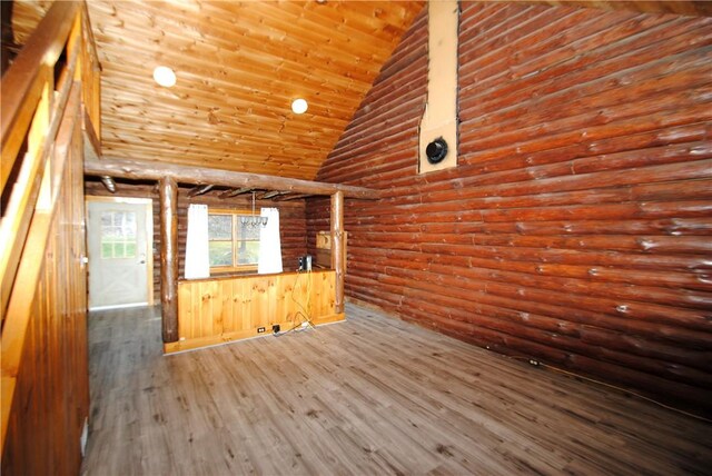 9221 Health St, North Dansville, NY 14437 - interior space featuring high vaulted ceiling, wooden ceiling, wood finished floors, and rustic walls
